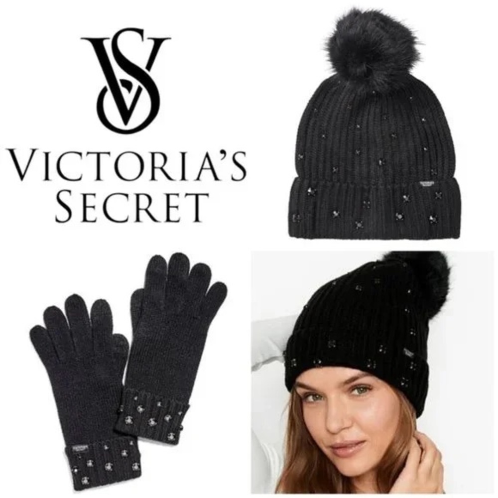 VICTORIA’S SECRET - Black Rhinestone Winter Hat and Glove Cozy Set One Size - Picture 2 of 2